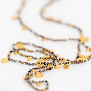 24k Gold Plated Sterling Silver Discs, Pyrite and Mixed Semi Precious Stones Necklace