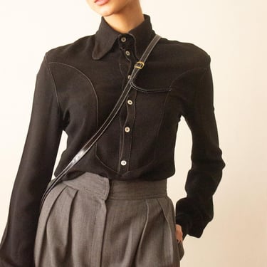 1970s Ossie Clark Black Moss Crepe Contrast Stitch Blouse 