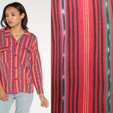 Red Striped Shirt 90s Woven Button up Shirt Southwestern Print Long Sleeve Collared Top Retro Boho Button Down Cotton Vintage 1990s Medium M 