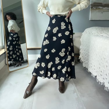 vintage sheer crepe floral swishy slip tailored skirt 