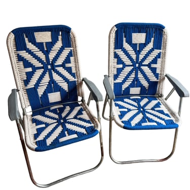 Retro Macrame Blue and White Folding Lawn Camp Chairs (Sold Separately) 