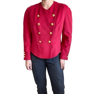 Vintage Womens 80s Louis Feraud Wool Cashmere Blend Red Double Breasted Blazer 