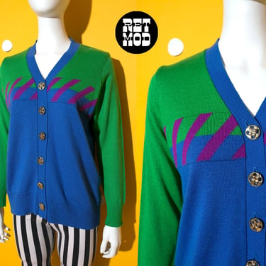 Nice Vintage 90s Blue Green Purple Geometric Color Block Cardigan Sweater by Ami Knits 