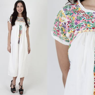 Authentic Womens San Antonio Dress From Oaxaca, Mexican Hand Embroidered Flower Print Outfit 