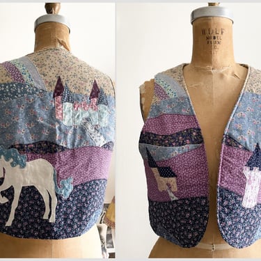 Vintage OOAK handmade fairy tale quilted vest | calico castle & unicorn applique vest 