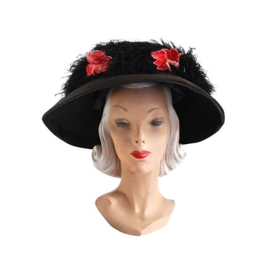 1910s Black Silk & Fall Leaves Merry Widow Hat - 1900s Autumn Leaves Hat - 1900s Titanic Hat - Antique Merry Widow - 1910s Black Hat 