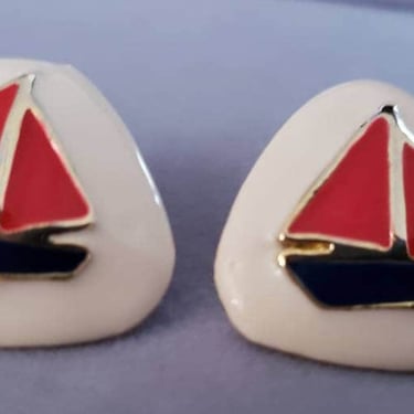 Vintage Enamel Sailboat earrings Red White Blue Summertime Jewelry Nautical theme 