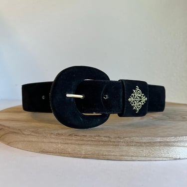 Vintage Sostanza Black Pig Suede Leather Wide Embroidered Belt Size Small 