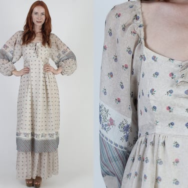 Prairiecore Cottage Poet Sleeve Dress, Vintage 70s Corset Tie Renaissance Gown, Arjon California Tiered Hippy Gown 