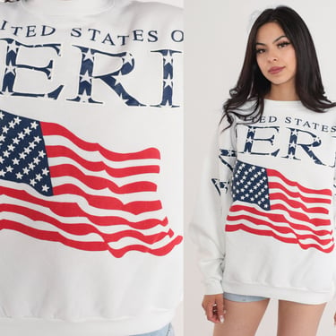 USA Sweatshirt Y2K United States of America Sweatshirt American Flag Graphic Shirt Pullover Crewneck Sweater White Vintage 00s Mens Large L 
