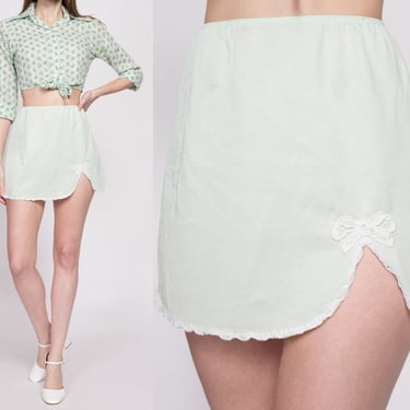 70s Mint Green Mini Skirt Slip - Small to Medium | Vintage Lace Bow Tie Trim Lingerie Miniskirt 
