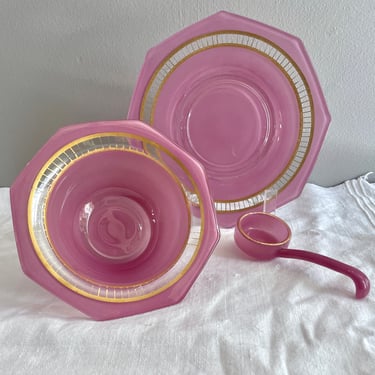 3 Piece, Vintage Mayonnaise Bowl, Spoon n Under Plate, Mauve Pink Purple, Depression Glass, Gilt Gold - Whipped Cream service, Candy Dish 