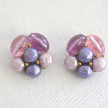 1960s Purple Bead Cluster Clip Earrings 