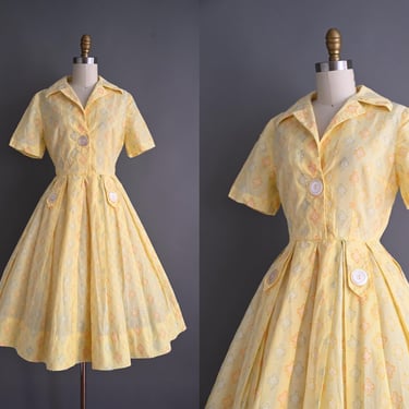 vintage 1950s Dress | Buttercup Yellow Textured Cotton Full Skirt Dress | Small 