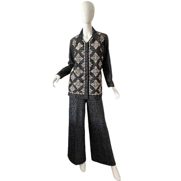70s Beaded Metallic Pant Set / Vintage Bell Bottoms Pant Suit / 1970s Silver Lurex Pantsuit Medium 