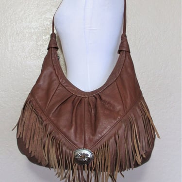 Vintage Brown Leather Fringe Crossbody Bag, Western style Shoulder Bag, silvertone concho 