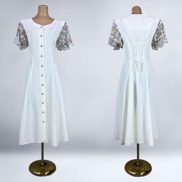 VINTAGE 80s Sheer Flutter Sleeve Garden Party Corset Dress Size 14 | 1980s Floral Button Front Tea Dress Plus Size Volup | VFG 