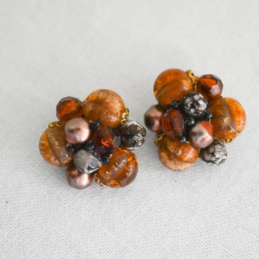 1950s West Germany Brown and Orange Cluster Clip Earrings 