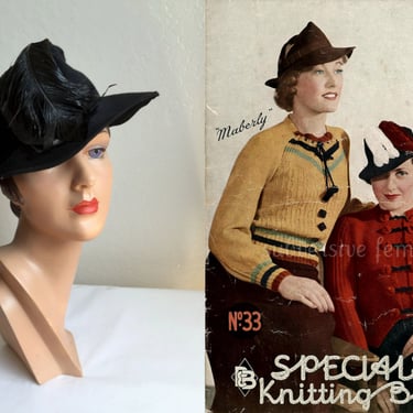 Behind Those Coquettish Looks - Vintage 1940s Black Fur Felt Fedora Hat w/Drape Feather 
