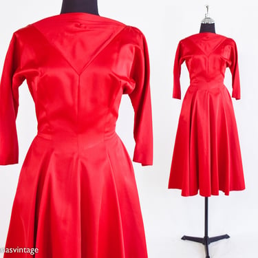 1950s Red Satin Party Dress | 50s Red Satin Cocktail Dress | Jonny Herbert | XS 