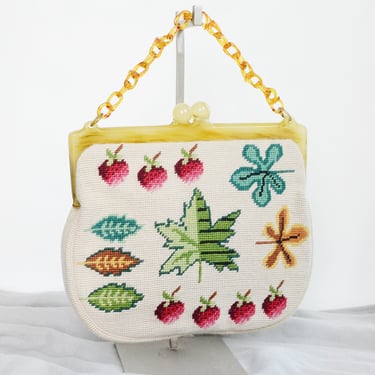 Large Strawberry and Leaf Needlepoint Purse 40s/50s 