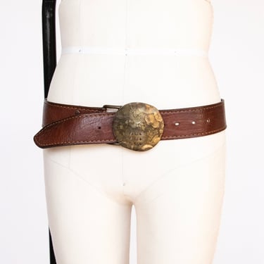 1970s Leather Belt Black Brass Buckle L 