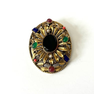 Cabochon Vintage Brooch, Black Onyx Brooch, Vintage Brass Pin, Gold Toned Brooch, Multi Stone Brooch,  Gold Toned Pin, Multicolored Brooch 