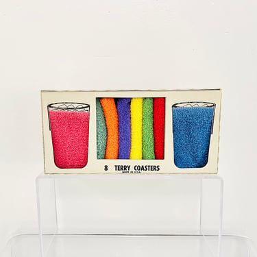 Vintage 1960s Retro Rainbow Terry Cloth NOS Drink Coasters Cozy Sweat Bands 8ct Wraps w/box 