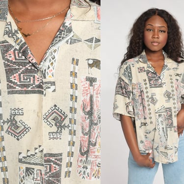 Southwestern Shirt 90s Button Up Shirt Retro Geometric Aztec Lizard Bird Print Shirt Short Sleeve Collared Top Tan 1990s Vintage Large L 