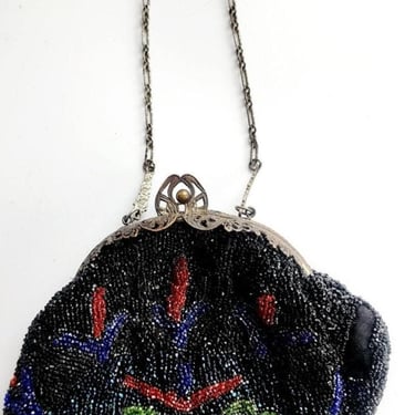 Antique Black Beaded Bag Colorful Flowers Ornate Metal Clasp AS IS 