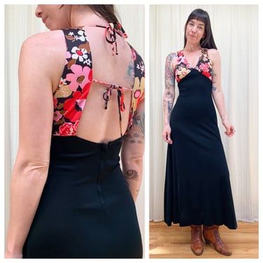70s black and floral maxi dress 