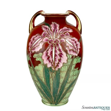 Antique Large Art Nouveau Oriental Porcelain & Enamel Floral Handle Vase - 14&quot;