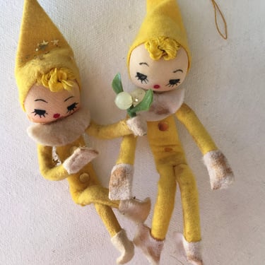 Vintage Pixie Doll Ornaments, Yellow Knee Hugger Inspired Dolls, Yellow Spring Sprites,MCM  Elves 