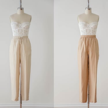 high waisted pants | 80s 90s vintage beige light brown dark academia silk elastic waist relaxed fit athletic lounge pants 