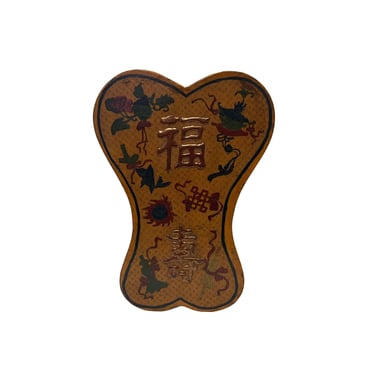 Chinese Distressed Mustard Yellow Treasure Graphic Ribbon Shape Box ws3377E 