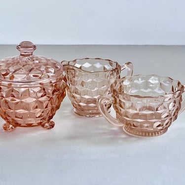 Pink Depression Glass Mini Creamer & Open Sugar Bowl Set and Tri Footed Powder Jar w Lid 