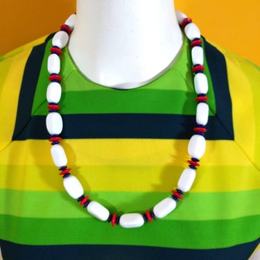 Trifari Vintage 70s 80s White Navy Blue Red Beaded Necklace 