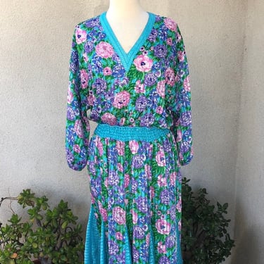 Vintage Diane Freis floral dress insert fabrics skirt beaded bodice elastic waist sz M blues green pink colors 