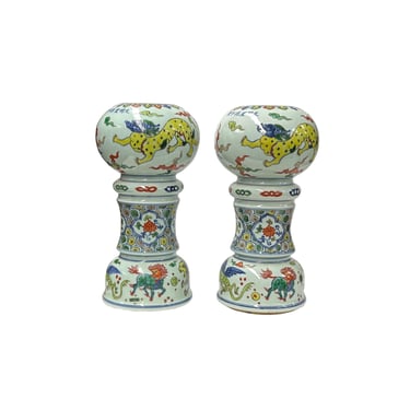 Pair Vintage Chinese WuCai Mythical Graphic Porcelain Candle Holder Vase Art JK287E 