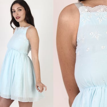 Plain Baby Blue Embroidered Eyelet Mini Dress / Satin Ribbon Tank Shoulder Trim / Simple Full Skirt Romantic Mini Dress 