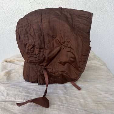 Antique 1830s 1840s Silk Pumpkin Hood Bonnet  Hand Stitching Primitive Folk Art