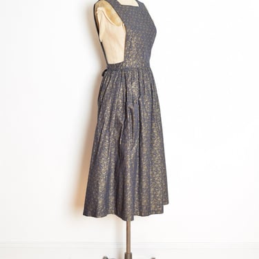 vintage 70s apron pinafore dress navy metallic gold print cottagecore midi clothing 
