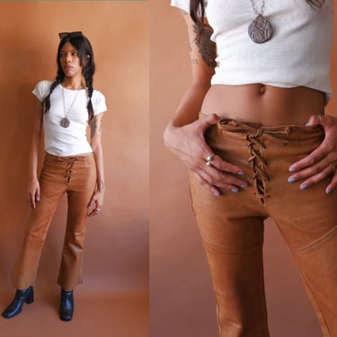 Vintage 60s Lace Up Caramel Leather Bell Bottom Pants/ Size XS Small 