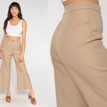 70s Trousers Tan Bell Bottom Pants Boho Hippie High Waisted Flared Wide Leg Retro Basic Seventies Flares Creased Vintage 1970s Small S 28 