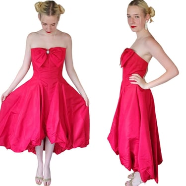 Vintage 80s Red Party Dress Strapless w/Bow by Climax 
