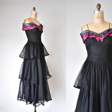 Miniver tiered 1940s dress, 1930s dress, maxi dress, art deco evening gown, black dress, tulle dress women, 40s dress 