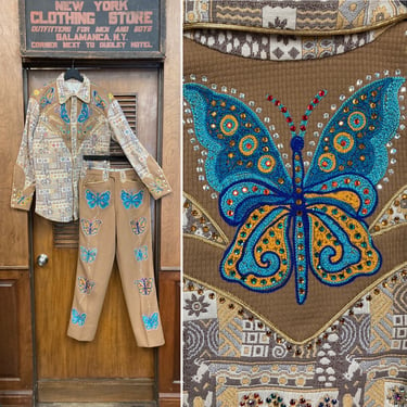 Vintage 1960’s N. Turk Western Cowboy Butterfly Embroidery Rhinestone Design Rockabilly Shirt Pant Set, Chainstitch, Embroidery, Pant Suit 