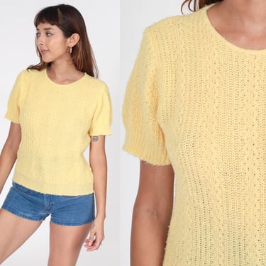 Yellow Knit Shirt 80s Short Sleeve Sweater Top Retro Boho Pastel Hippie Hipster Plain Normcore Cable Knit Vintage 1980s Small S 