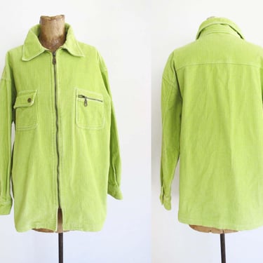 Vintage 90s Y2K Lime Acid Green  Corduroy Zip Up Chore Coat M - 1990s 2000s Grunge Boxy Oversized Cord Jacket 