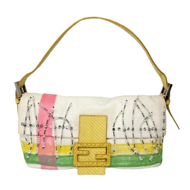 Fendi Striped Canvas Beaded Baguette Bag